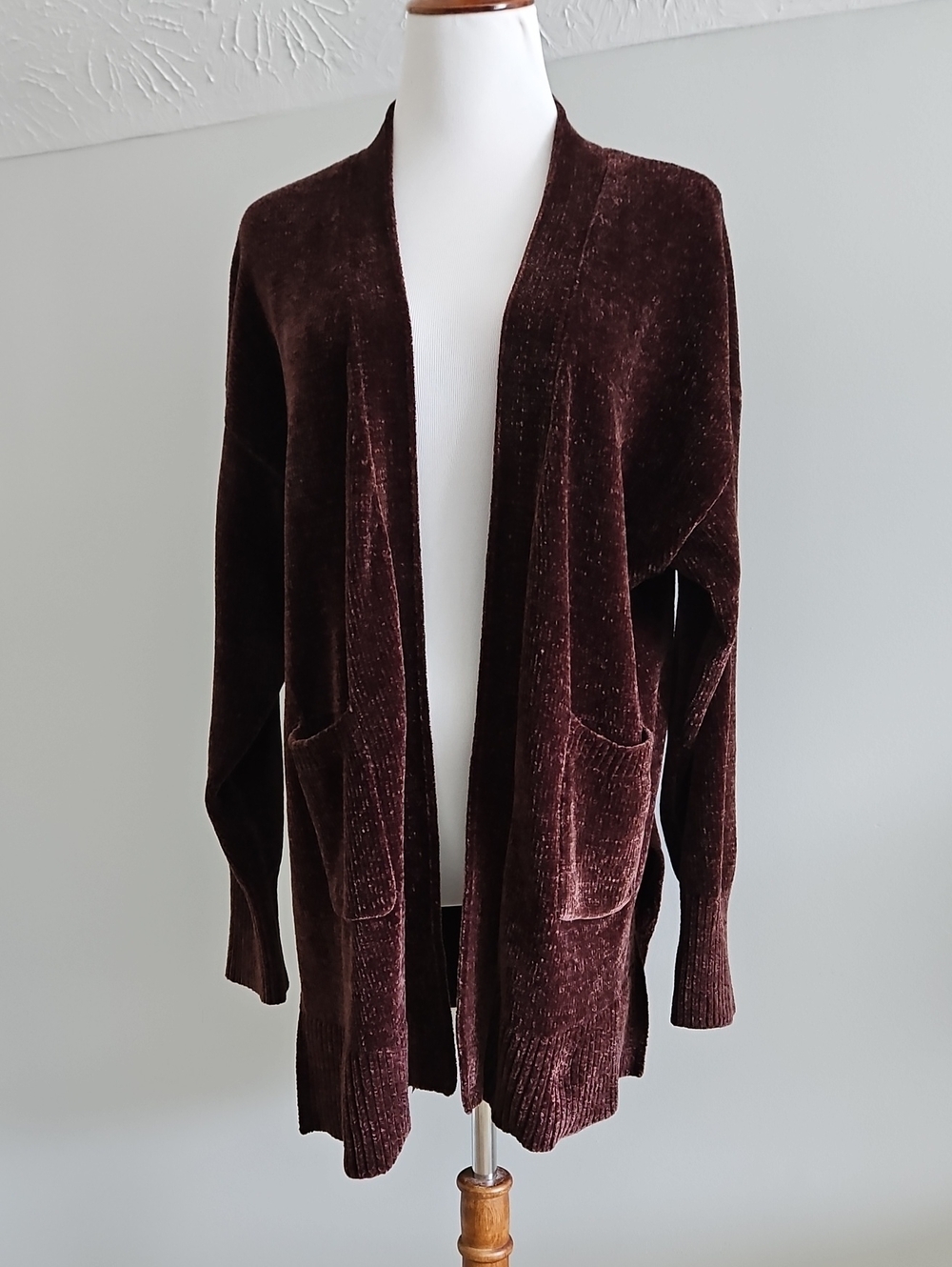 Primi | Open-Front Chenille Cardigan Sweater - Dark Brown